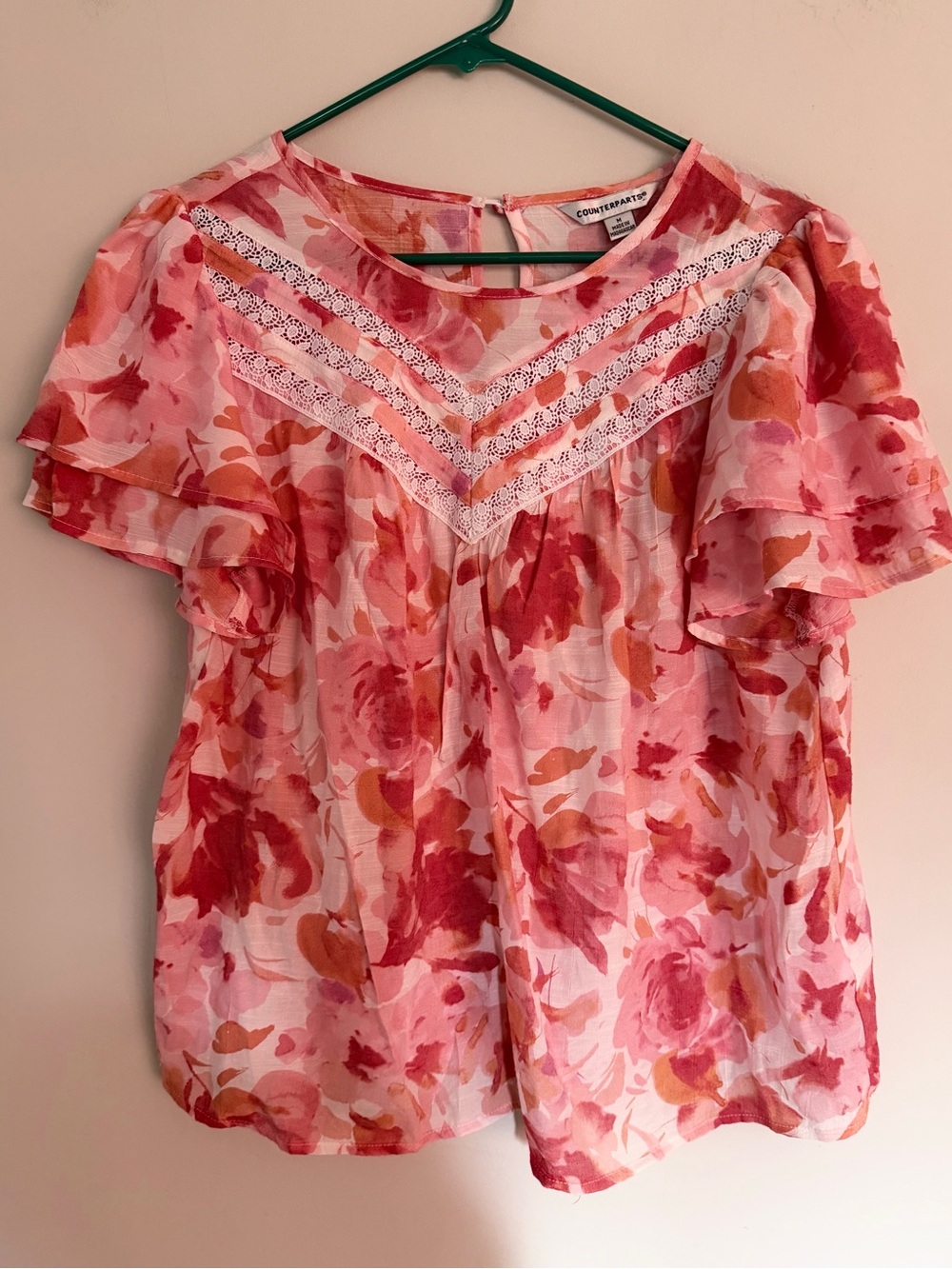 Floral Lace-Trim Flutter Sleeve Top Coral Pink M Medium